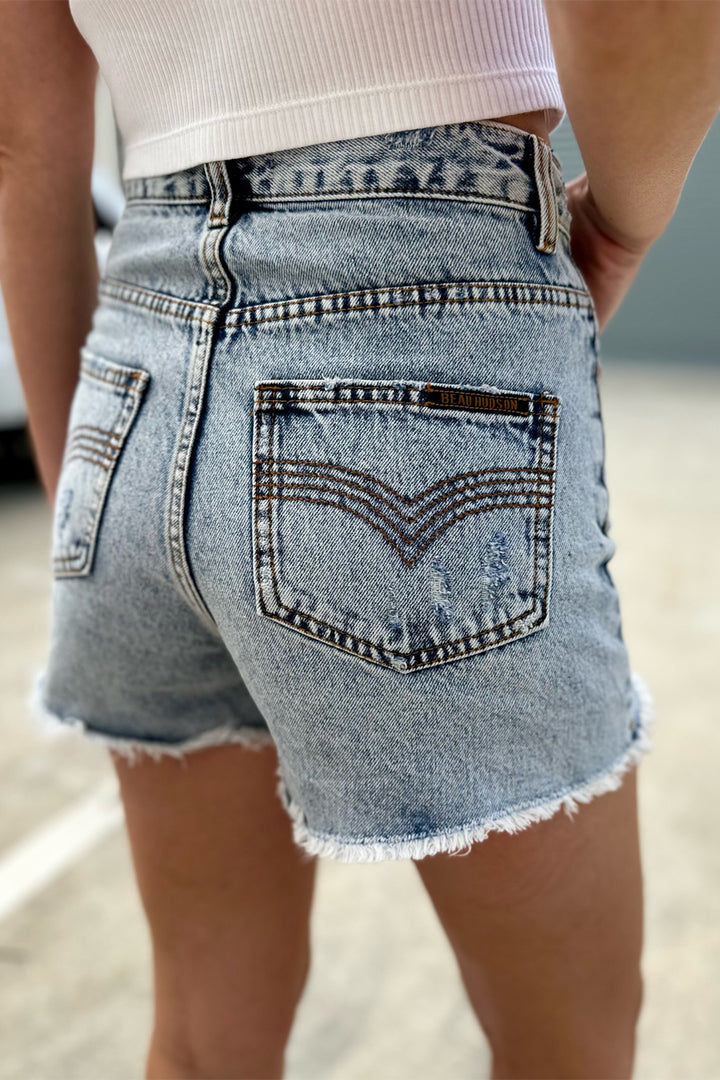 Blue Daisy High-Waisted Denim Shorts